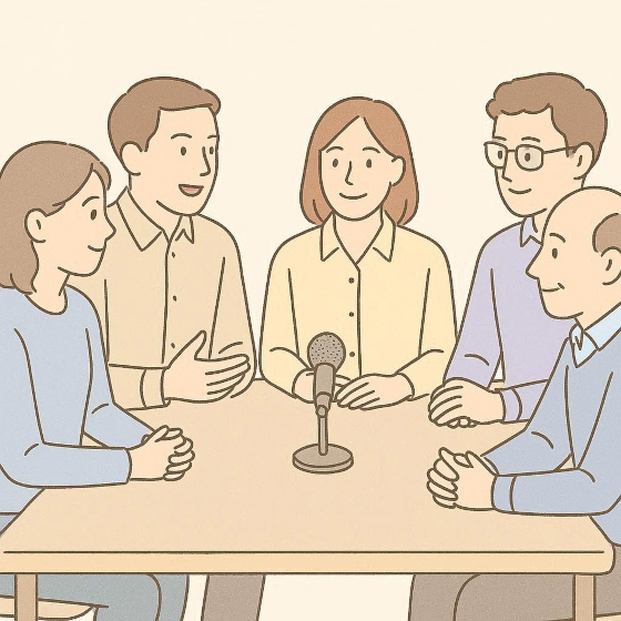 Meeting around a table with microphone